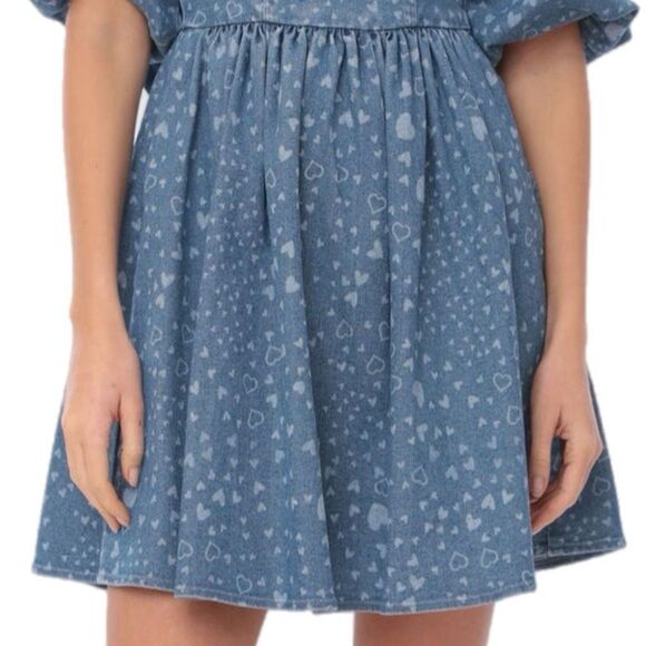 NWT Avec Les Filles puff sleeves baby doll mini dress in denim with heart prints - Picture 4 of 16